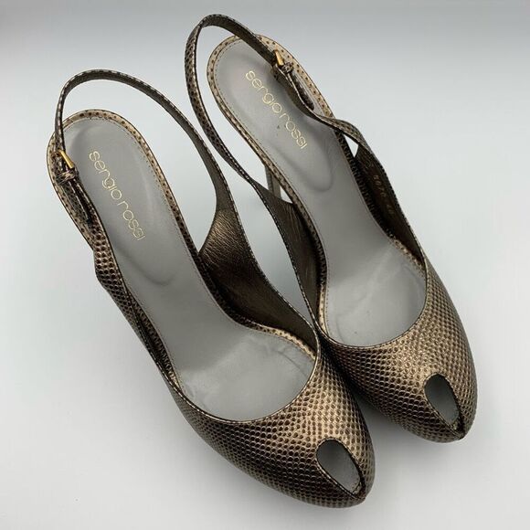 Sergio‎ Rossi Lizard Embossed Peep Toe Sling Back Platform Heels Bronze Size 10 - Picture 1 of 12